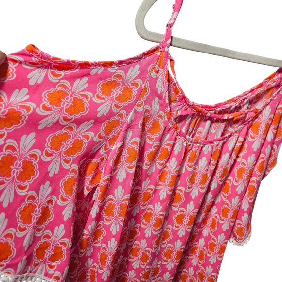 Charming Charlie Womens XL Floral Pink & Orange cold shoulder Sleeve Top With Cr - Picture 4 of 5